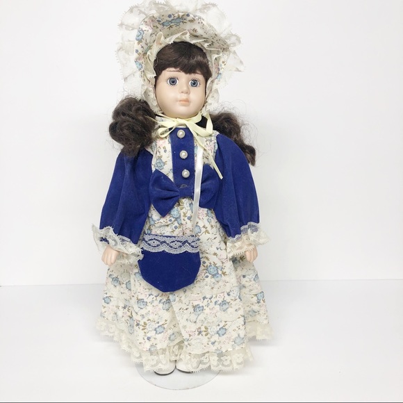 Vintage Porcelain Doll in Blue Velvet Dress